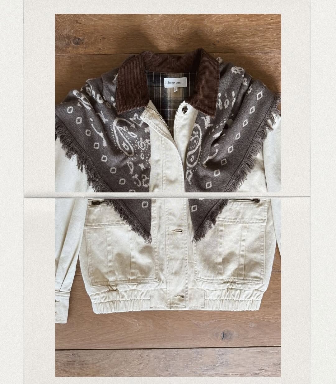 A split-view flat lay showing the brown patterned fringed scarf draped over the collar of a cream utility jacket.