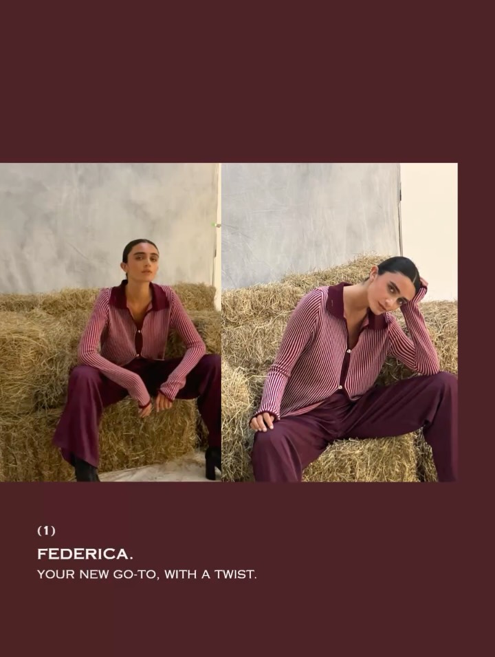Collage showing two angles of the model seated in the same striped shirt and trouser ensemble.