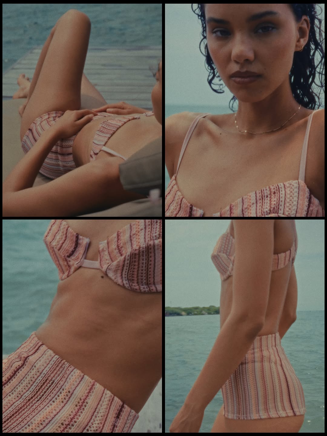 Collage showing four views of the model in the pink striped high-waisted bikini set.