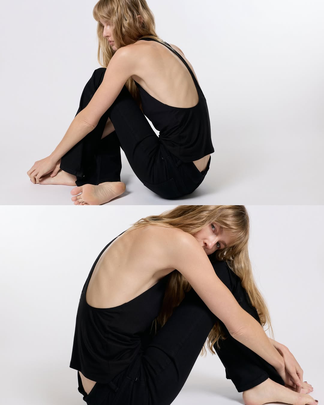 Two seated shots showing the side profile and back cutout of the black bodysuit.