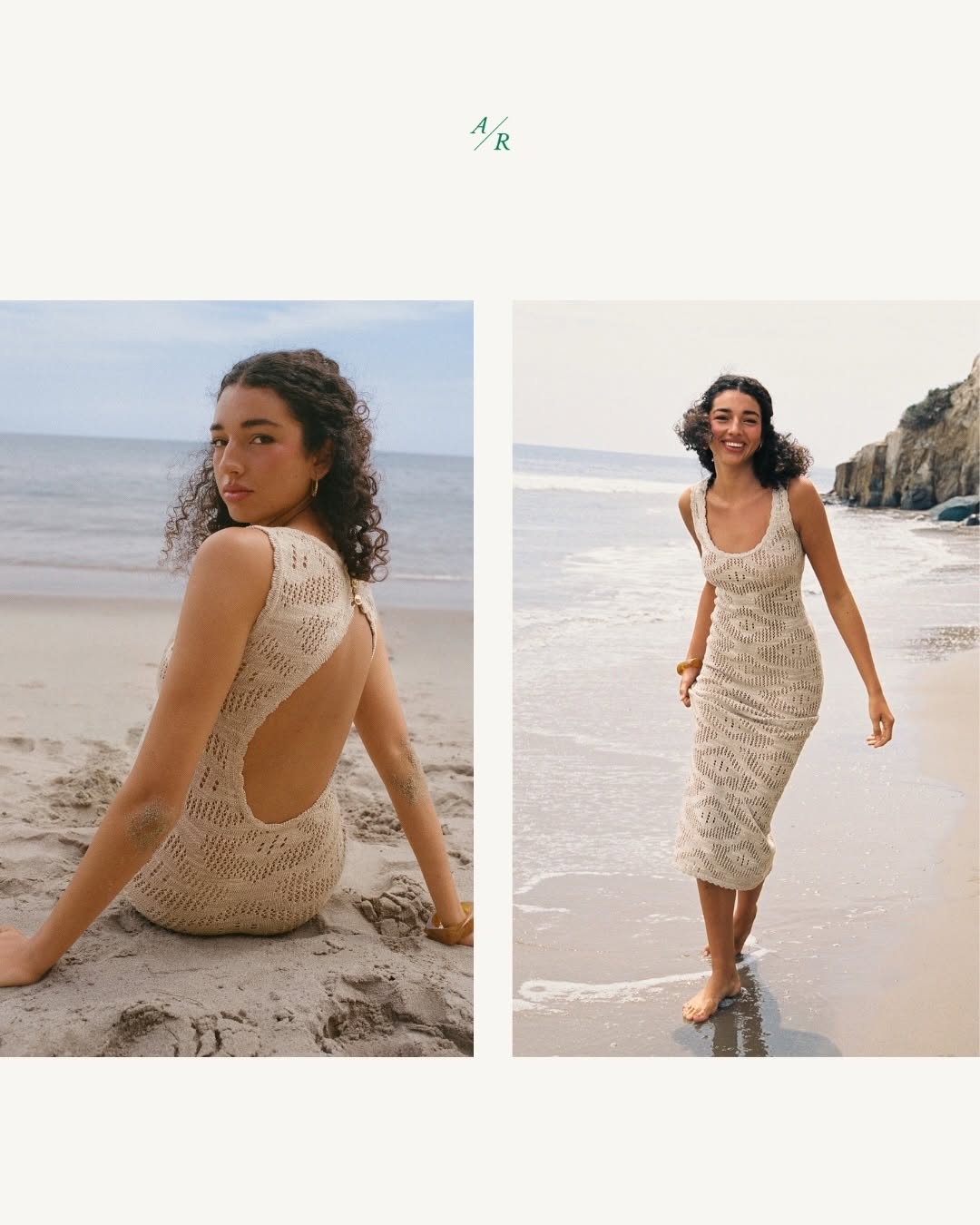 Collage showing the open-back detail and full-length front view of the dress.