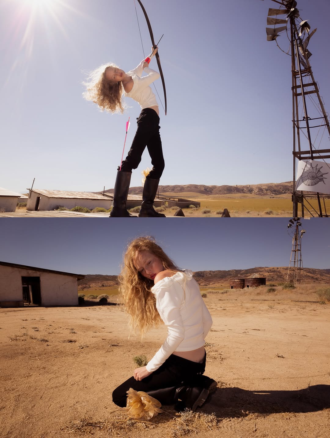Collage showing full-body views of the outfit, revealing tall black boots paired with the white top and black pants.