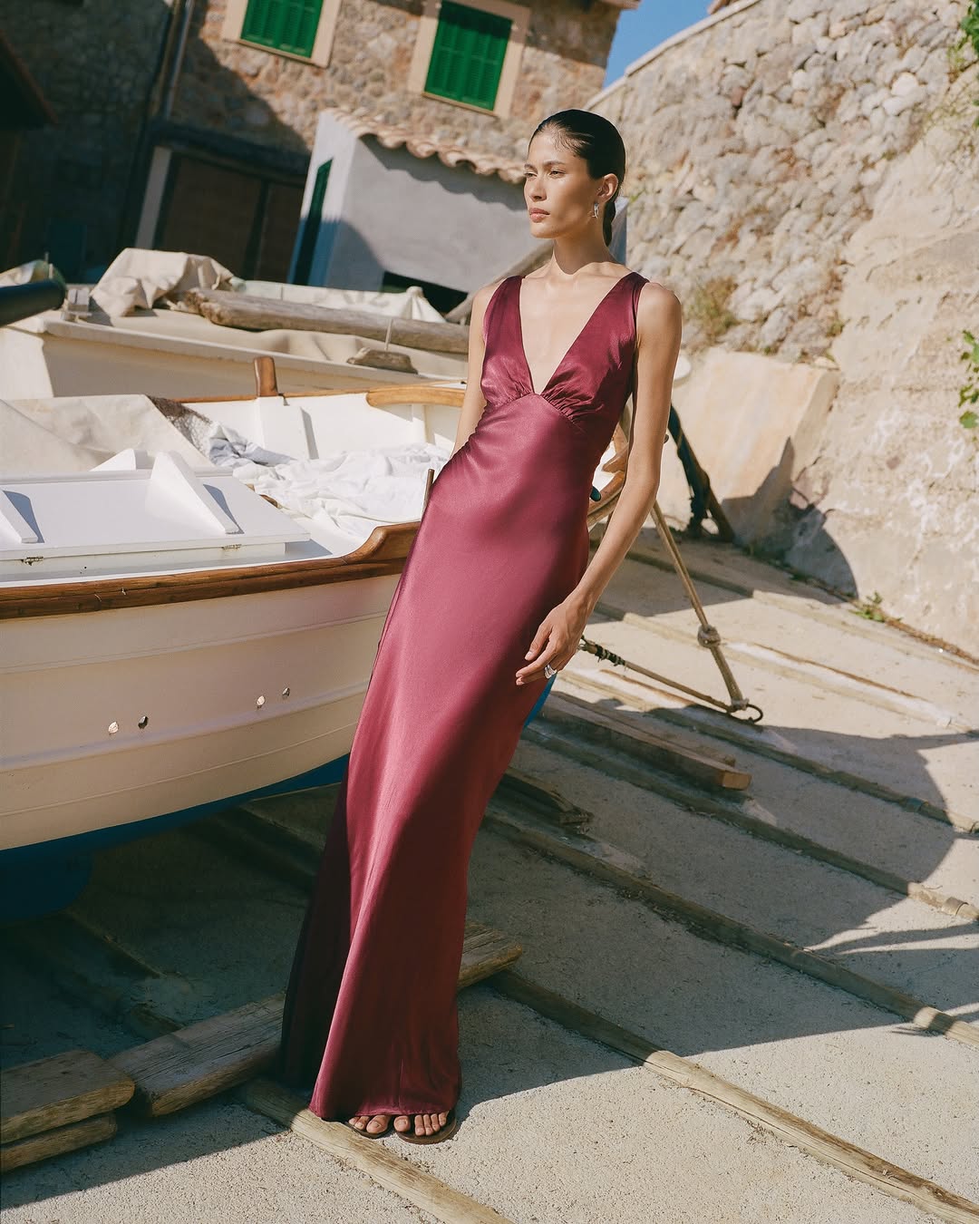 Burgundy and Merlot Satin Evening Gowns look from Shona Joy on Instagram