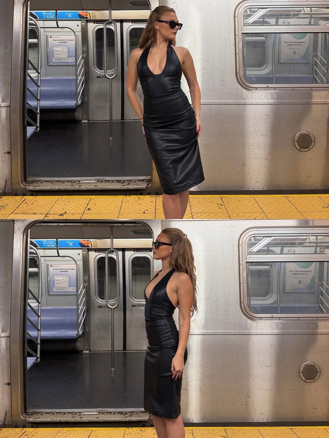 Collage showing front and side views of the model in the black faux leather dress at a subway station.