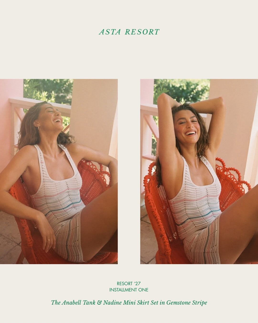 Side-by-side photos of the model sitting in an orange chair wearing the white striped knit tank and mini skirt set.