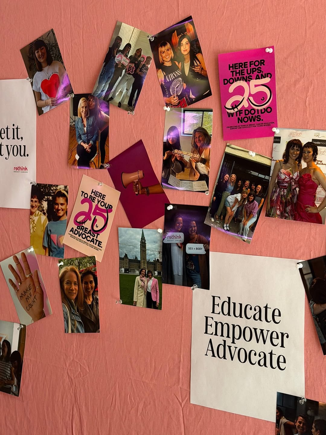 A wall collage of photographs and posters related to breast cancer advocacy.